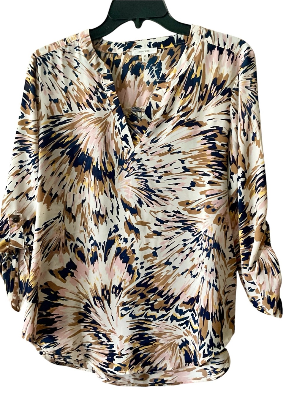 Maurices Abstract Burst V-Neck Blouse - Navy, Blush & Tan